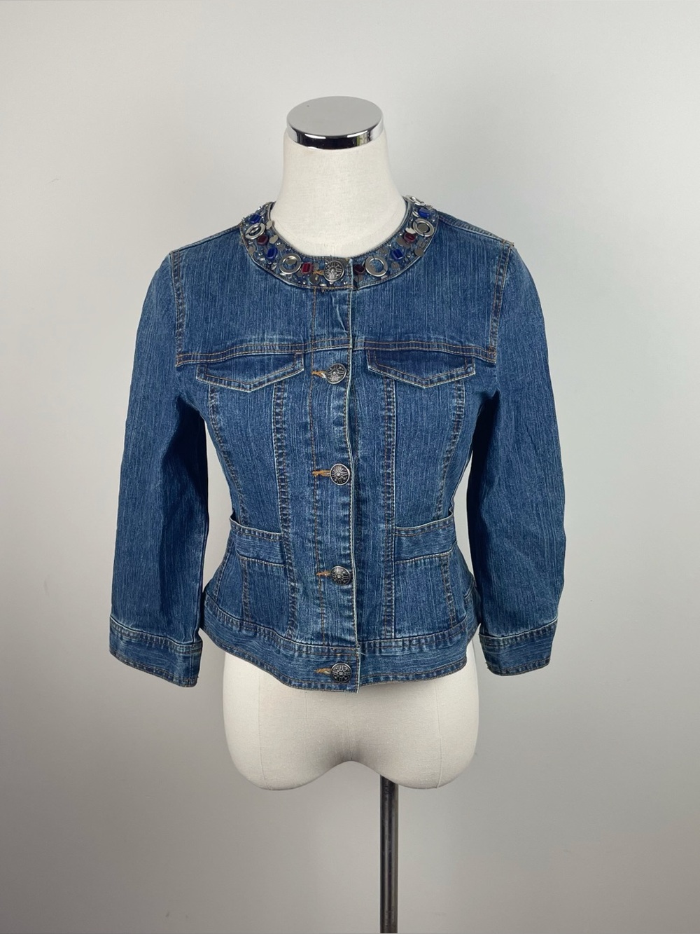 Laura Lane Blue Denim Jean Jacket Silver Colorful Beaded Rhinestones Women 4P